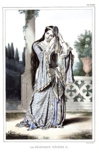 Prinsessan Helene Soutzo. i "" Resan till Aten och Konstantinopel, eller samling av grekiska och osmanska porträtt, vyer och kostymer, målade på platser av efter naturen, litografier och färger av Louis Dupre (1789-1837), Davids elev.1825.