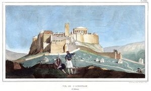 Utsikt över Akropolis i Aten. i "" Resan till Aten och Konstantinopel, eller samling av grekiska och osmanska porträtt, vyer och kostymer, målade på platser i naturen, litografier och färger av Louis Dupre (1789-1837), Davids elev.1825. av Louis Dupré