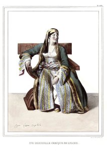 En grekisk dam från Livadie. i "" Resan till Aten och Konstantinopel, eller samling av grekiska och osmanska porträtt, vyer och kostymer, målade på platser i naturen, litografier och färger av Louis Dupre (1789-1837), Davids elev.1825. av Louis Dupré