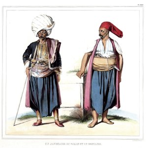 En janitsjar i palatset och en bostangi (trädgårdsmästare). i "" Resan till Aten och Konstantinopel, eller samling av grekiska och osmanska porträtt, vyer och kostymer, målade på platser i naturen, litografier och färger av Louis Dupre (1789-183) av Louis Dupré