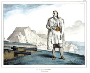En Suliote på Korfu, Nicolo Pervoli, i "" Resan till Aten och Konstantinopel, eller samling av grekiska och osmanska porträtt, vyer och kostymer, målade på platser efter naturen, litografier och färger av Louis Dupre (1789-1837), Davids elev .1825. av Louis Dupré