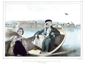 Janinas palats och fästning, sett från sjön. En turk och en ung grek. i "" Resan till Aten och Konstantinopel, eller samling av grekiska och osmanska porträtt, vyer och kostymer, målade på platser efter naturen, litografier och färger av L av Louis Dupré