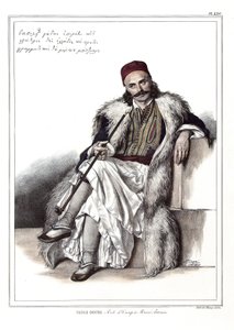 Vasili Gouda, medhjälpare till Marc Botzaris (1788-1823). i "" Resan till Aten och Konstantinopel, eller samling av grekiska och osmanska porträtt, vyer och kostymer, målade på platser av efter naturen, litografier och färger av Louis Dupre (1789-1837), av Louis Dupré