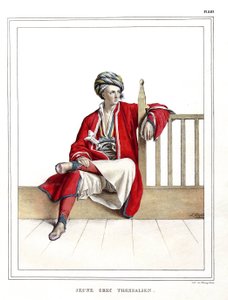 Ung grekisk thessalier. i "" Resan till Aten och Konstantinopel, eller samling av grekiska och osmanska porträtt, vyer och kostymer, målade på platser efter naturen, litografier och färger av Louis Dupre (1789-1837), Davids elev.1825. av Louis Dupré