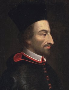 Porträtt av Cornelius Jansen, kallad Jansenius, biskop av Ypres, detalj (olja på duk av Louis Dutielt