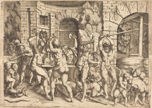 Vulcans smedja av Louis Elle I after Francesco Primaticcio