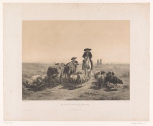 Bonde och herde med kor och får på väg till marknaden En route pour le marché (titel på objekt) av Louis Emmanuel Soulange Teissier