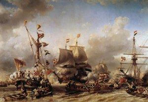 Anglo-holländska kriget: "" Embarking of the Dutch amiral Michel Adrien Ruyter (1607-1676) and William de Witt for the Battle of Texel"" Målning av Louis Gabriel Eugene Isabey (1803-1886) 1800-talets Toulon, marinmuseum