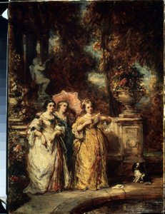 ""La promenade"" (Promenaden) Tre unga flickor från en bra familj i en park. Målning av Louis Gabriel Eugene Isabey (1803-1886) 1852 Pushkin Museum, Moskva av Louis Eugene Gabriel Isabey