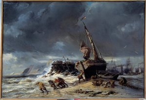Maree basse, avresa för fiske Målning av Louis Eugene Isabey (1803-1886) 1800-talets Le Havre, Musee des Beaux Arts