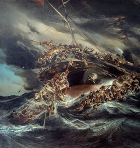 Elden av ångbåten Österrike Scene skeppsbrott av ett fartyg passagerarna försöker fly på båtarna i demonterade havet. Detalj. Målning av Eugene Isabey (1803-1886)