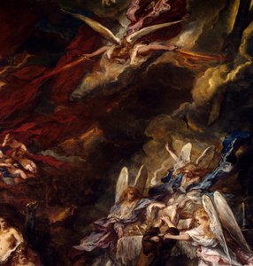 Sankt Antonius frestelse Eremiten Sankt Antonius den store (251-356) utsätts för djävulens frestelser i öknen. Detalj. Målning av Louis Gabriel Eugene Isabey (1803-1886)