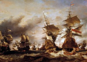 Krig mot Augsburgs förbund: "" Slaget vid Texel den 29/06/1694, seger för Jean Bart (1650-1702) över den holländska skvadronen av amiralen av Friesland"" Fransmännen beslagtar holländska skepp massor av vete. Målning av Louis Gabriel Eugene Isabey (1803-18