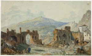 Den antika teatern i Taormina med utsikt över Etna, studie för Saint Non
