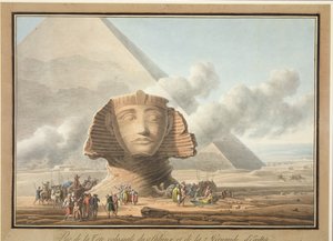 Utsikt över sfinxens huvud och Khafre-pyramiden, ca 1790 (mjukgrundsetsning med wc på papper)
