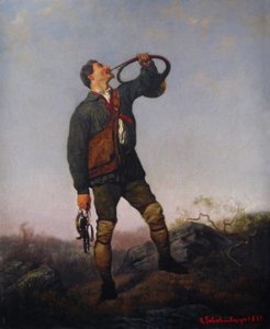 Jägare som blåser i sitt horn eller L