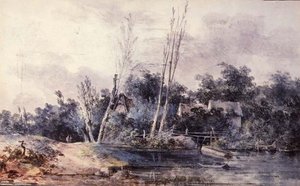 Stugor och pil vid en bäck med figurer av Louis Gabriel Moreau