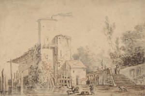 Bondgård vid en flod med figurer, 1765.