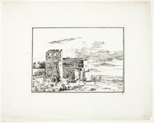 Ruinerade byggnader nära en flodbank, plansch 9 från Quatrieme suite de paysages dessinés et grave a l