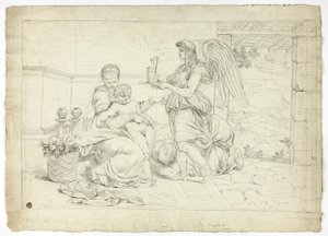 Heliga familjen med ängel bärande ewer (recto); Högra halvan av skiss till lunett (verso) av Louis Gauffier