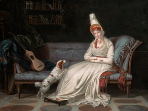 Porträtt av Elizabeth, Lady Webster, senare Lady Holland, i en vit klänning med sin spaniel Pierrot, ca 1795