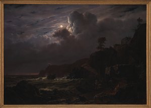 Utsikt över Kullen i Sverige. Smugglare som gömmer sina varor bland klipporna. Månsken av Louis Gurlitt