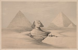 Egypten och Nubien: Volym I - nr 18, Den stora sfinxen, Pyramiderna i Gizeh, framifrån, 1839. av Louis Haghe