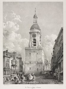Pittoreska och romantiska resor i gamla Frankrike, Picardie: Klockstapeltornet i Amiens, Picardie, efter François Bonhommé (franska, 1809-1881) ) av Louis Haghe