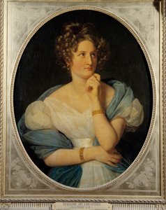 Porträtt av den franska författaren Delphine Gay (1804-1855), Madame Emile de Girardin. Hennes pennnamn är Viscount Charles de Delaunay. Målning av Louis Hersent (1777-1860) 1824 sön. 0,92 x 0,72 m