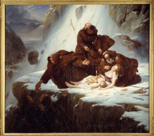 De religiösa på hospicet Saint Gotthard (San Gottardo) ger hjälp till familjer som drabbats av briganderna Målning av Louis Hersent (1777-1860) 1824