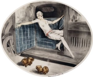 Kvinna i en bil med två pekineser av Louis Icart