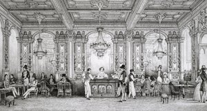 Cafe de la Banque de France byggd av arkitekten Dusillon och belägen Place de Victoire - Gravyr av Schaal - 1839 - av Louis Jacques Nicolas Schaal