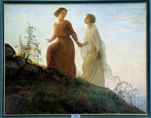 Själens dikt; På berget klättrar en ung kvinna åtföljd av en musa upp på ett berg i en lyrisk atmosfär. Målning av Louis Janmot (1814-1892) 1800-talet. Lyon, Musee Des Beaux Arts - Själens dikt - On the Mountain: a young woman accom
