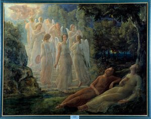 Själens dikt; Den gyllene stegen, scenen har den lyriska atmosfären, befolkad med änglar och Guds gestalt. Målning av Louis Janmot (1814-1892) 1800-talet. Lyon, musee des Beaux Arts - Själens dikt: gyllene stege, scen med en lyrica