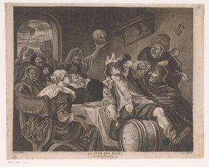 Festsällskap med en supande man med en krona La fete des rois (titel på objekt) Trettondagsfest av Louis Jaugey