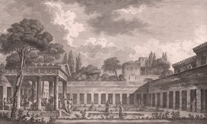 Idealisk rekonstruktion av Villa of Diomedes i Pompeji till dess ursprungliga skick före vulkanutbrottet av Vesuvius 79 AD, Kampanien, Italien, etsning efter teckning av Louis Jean Desprez (1743-1804), ca 21x34 cm av Louis Jean (after) Desprez