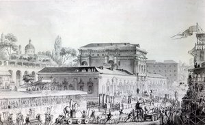 Fornsaker som hittades vid Herculaneum transporteras till Neapelmuseet, ca 1782 (penna, bläck och akvarell på papper) av Louis Jean Desprez
