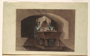 Teckning, gravkammare i egyptisk stil med karyatider och lejon, ca 1779-84 av Louis Jean Desprez