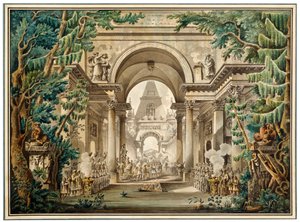 Procession i ett tempel. Scenografi för en teaterpjäs, 1700- eller tidigt 1800-tal