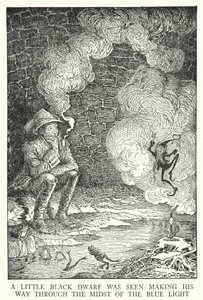En liten svart dvärg sågs ta sig fram mitt i det blå ljuset (litho) av Louis John Rhead