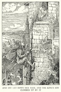 Och hon släppte sitt hår, och kungasonen klättrade upp vid det (litho) av Louis John Rhead