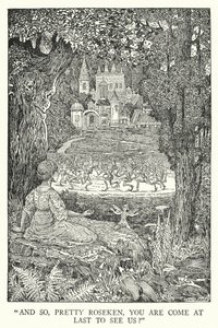 "Och så, vackra Roseken, har du äntligen kommit för att träffa oss?" (litho) av Louis John Rhead
