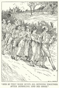 "Och så gjorde de sju, alla sprang tillsammans efter Dummling och hans gås" (litho) av Louis John Rhead