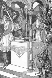 Arthur drog fram svärdet Excalibur från ett städ Illustration av Louis Rhead (1858-1926) från "kung Arthur och hans riddare" 1923 Privat samling