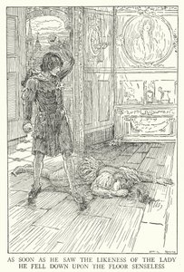 Så fort han såg kvinnans likhet föll han ner på golvet sanslöst (litho) av Louis John Rhead