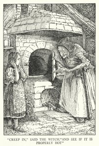 "Kryp in", sa häxan, "och se om det är ordentligt varmt" (litho) av Louis John Rhead