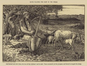 David spelar harpa på fälten av Louis John Rhead