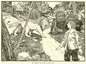 Han spanade två lejon i vägen (gravyr) av Louis John Rhead