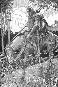 Mordred (Modred) sår efter slaget vid Camlann mot sin far kung Arthur (Mordred sårad efter slaget vid Camlann) Illustration av Louis Rhead (1858-1926) från "Kung Arthur och hans riddare" 1923 Privat samling
