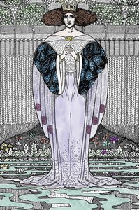 Representation of the Lady of the Lake (Nimue, Viviane) Illustration av Louis Rhead (1858-1926) för "Kung Arthur och hans riddare"" av Louis John Rhead